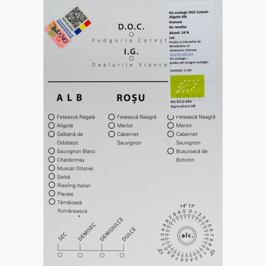 Vin alb demisec eco Aligote, 14%, bag-in-box, 2l