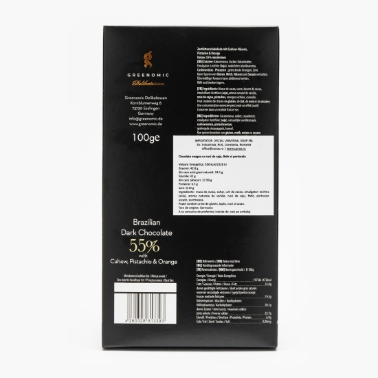 Ciocolată neagră Brazil cu nuci de caju, fistic și portocală 100g