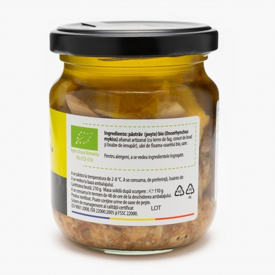 Păstrăv eco afumat și dezosat în ulei de floarea-soarelui 210g 
