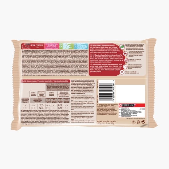 Hrană umedă pentru câini, 4x100g, Controlul Greutății curcan, morcovi, mazare în sos și porc, orez brun, roșii în sos