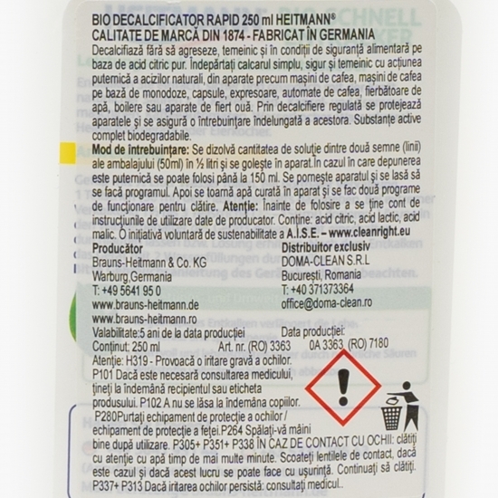 Bio decalcificator cu acțiune rapidă pentru aparate de uz casnic 0.25l