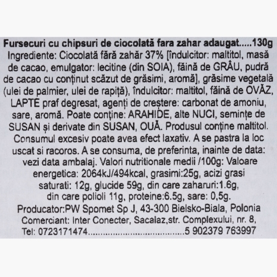 Fursecuri-cookies cu bucăți de ciocolată, fără zahăr, 130g