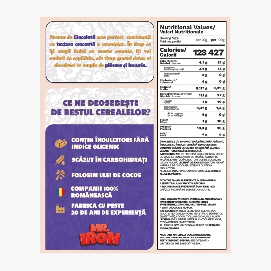 Cereale vegane cu aromă de ciocolată, cu 30% proteină, fără zahăr, low carb, fără gluten 250g