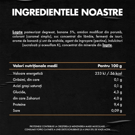 Produs lactat fermentat cu banane și gust de cremă de arahide, cu îndulcitori, bogat în proteine, 0.1% grăsime, 160g
