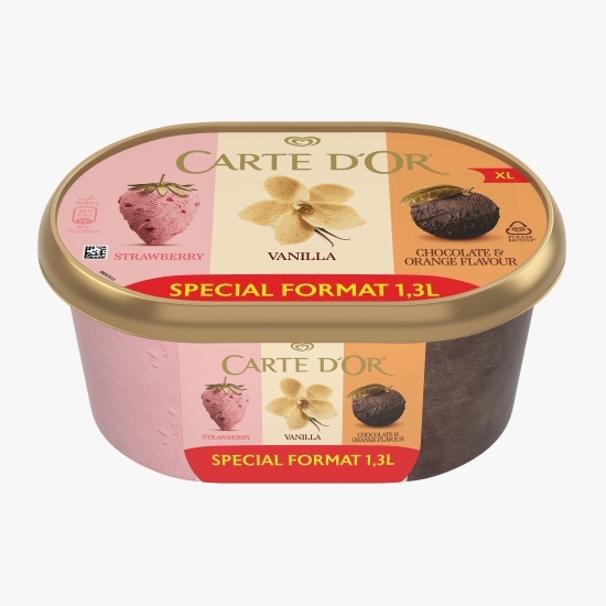 Înghețată de căpșuni, vanilie, ciocolată cu aromă de portocală 1.3l