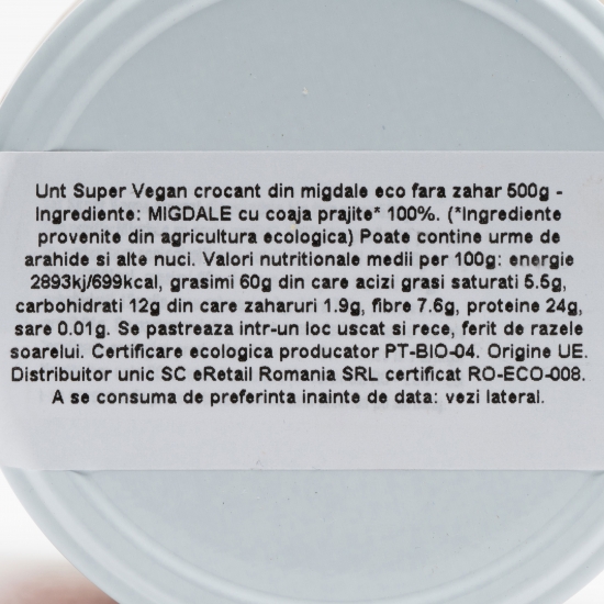 Cremă tartinabilă eco din migdale Crunchy Super Vegan, fără zahăr adăugat 500g