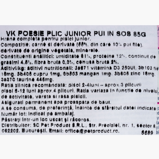 Hrană umedă pentru pisici junior Poesie, 85g, cu pui în sos