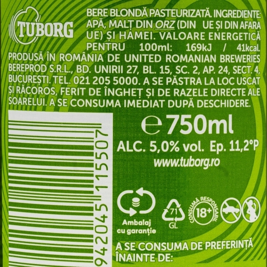 Bere blondă pasteurizată, 5%, sticlă 750ml