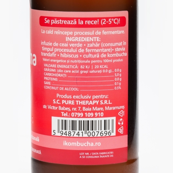 Kombucha băutură probiotică energizantă cu trandafir și hibiscus 330ml