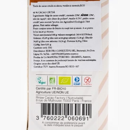 Trufe de cacao crudă cu alune, vanilie și curmale, eco 55g