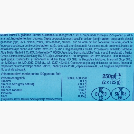 Iaurt 0% grăsime, cu piersici și ananas, 2x125g