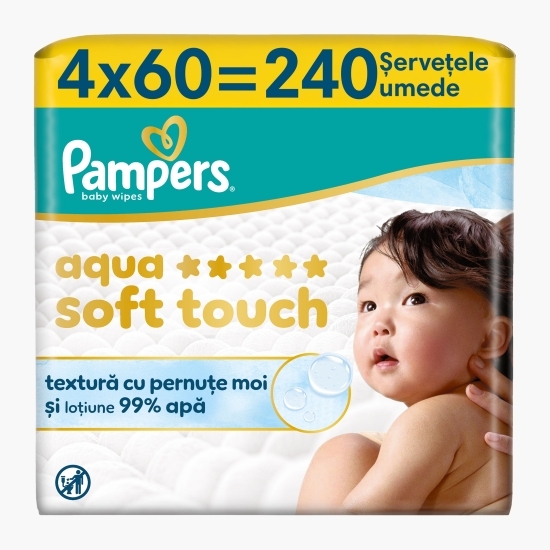 Șervețele umede pentru bebeluși, Aqua Soft Touch, 4 pachete x 60 buc