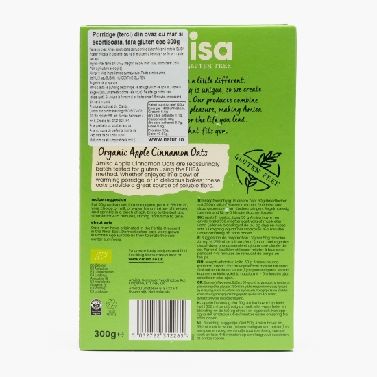 Porridge eco din ovăz cu măr și scorțișoară, fără gluten 300g