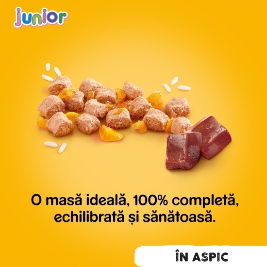 Hrană umedă completă pentru căței juniori, 400g, cu pui în aspic
