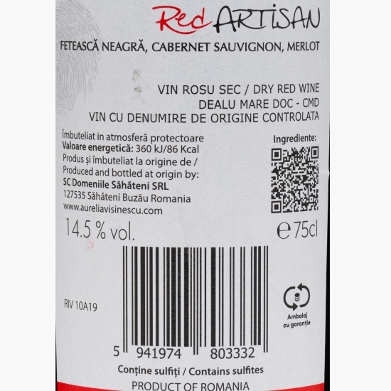 Vin roșu sec Cupaj Fetească Neagră, Merlot și Cabernet Sauvignon, 14.5%, 0.75l