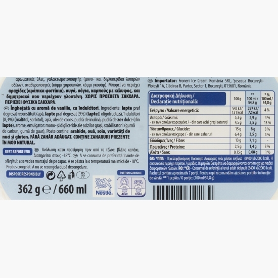 Înghețată cu aromă de vanilie, fără zahăr 660ml (362g)