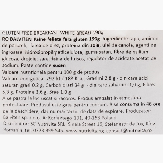 Pâine albă feliată, fără gluten 190g
