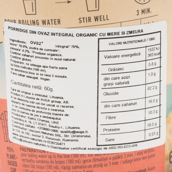 Porridge eco instant din ovăz integral cu mere și zmeură 60g