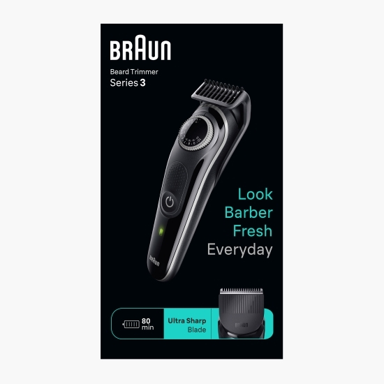 Aparat de tuns barba Beard Trimmer BT3440 Wet&Dry, buton rotativ de precizie, 40 de setări pentru lungime, 1 mini-aparat de ras, 2 piepteni de precizie, autonomie 80 minute, negru/gri