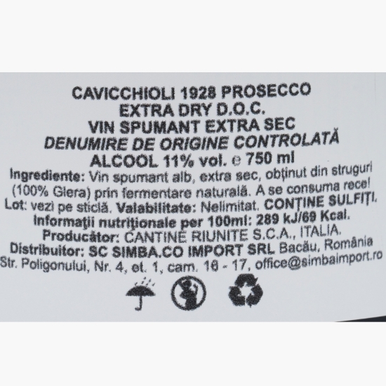Vin spumant alb extra sec Prosecco DOC, 11%, 0.75l