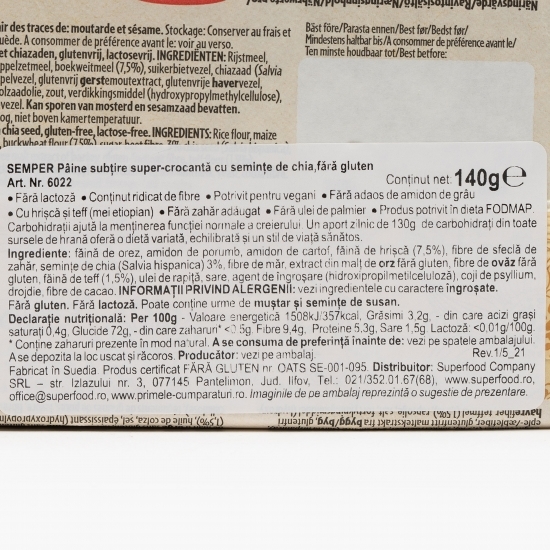 Pâine subțire super crocantă cu semințe de chia, fără gluten 140g