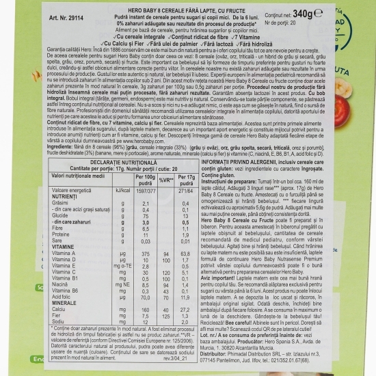 8 Cereale cu fructe, fără lactoză, +6 luni 340g