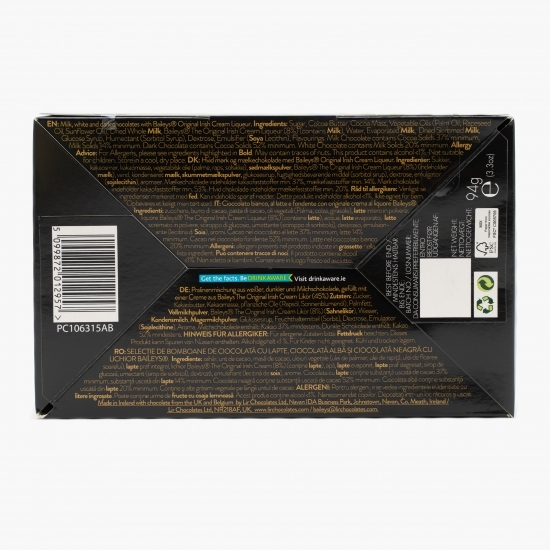 Selecție de bomboane de ciocolată cu lapte, ciocolată albă și ciocolată neagră cu lichior Bailey's 94g