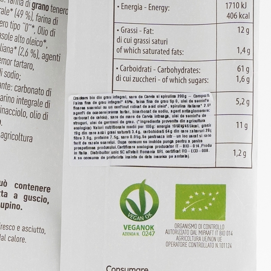 Crackers eco din grâu integral, sare de Cervia și spirulină 200g