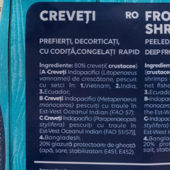 Creveți Jumbo prefierți, decorticați, cu codiță, 500g