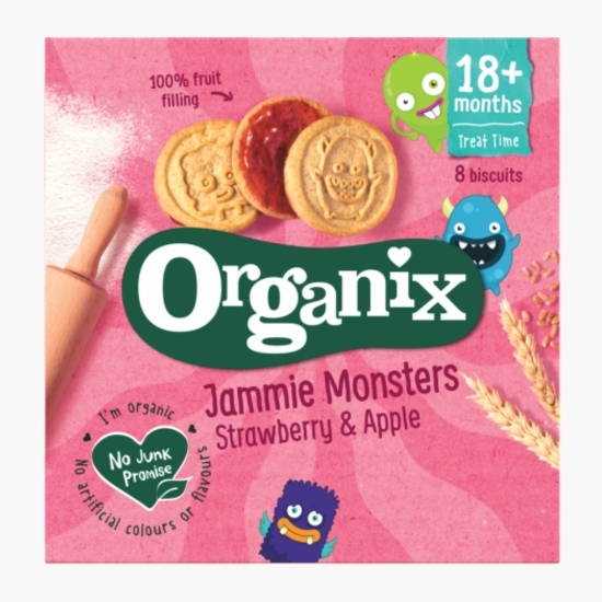 Biscuiți ecologici pentru copii, cu umplutură de căpșuni și mere, 18+ luni, 64g