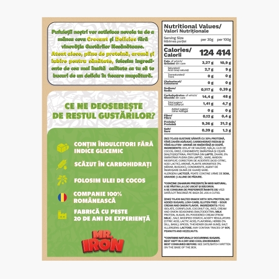 Pufuleți cu aromă de smântână și ceapă, cu 30% proteină, fără zahăr și fără gluten, low carb 100g