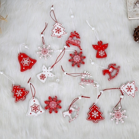 Set decorațiuni de Crăciun din lemn, model brazi și îngerași, 12 buc