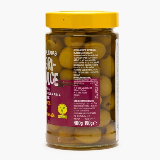 Măsline verzi Manzalla Fina fără sâmburi, cu oțet de vin și zahăr din trestie de zahăr 400g