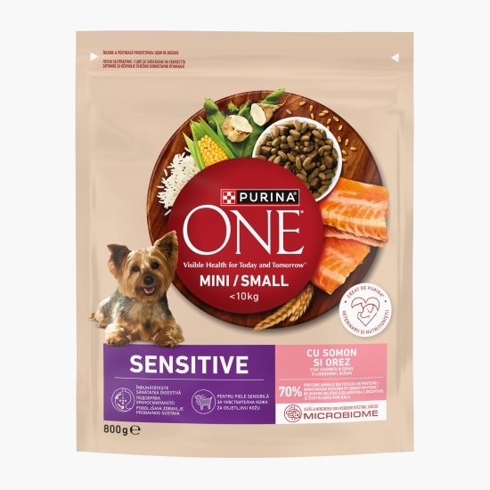 Hrană uscată pentru câini de talie mică One Mini Sensitive, 800g, cu somon și orez