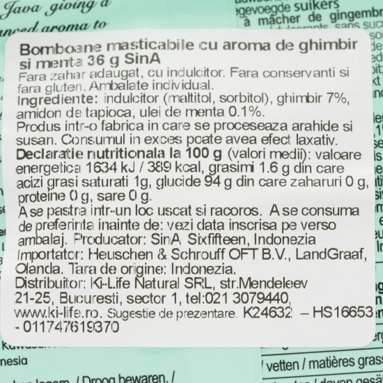 Bomboane masticabile cu ghimbir și mentă 36g
