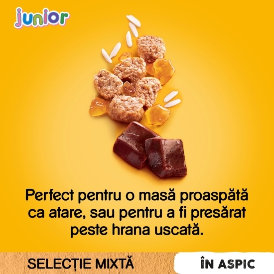 Hrană umedă pentru câini juniori, 4x100g, selecție de carne cu orez în aspic