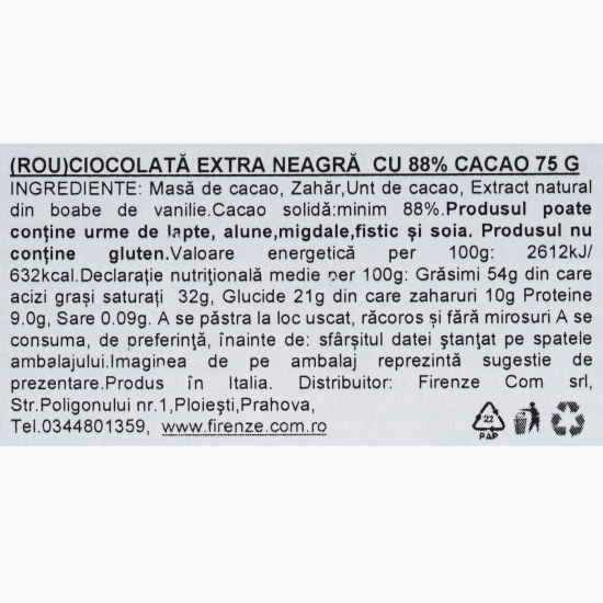 Ciocolată neagră, 88% cacao, 75g