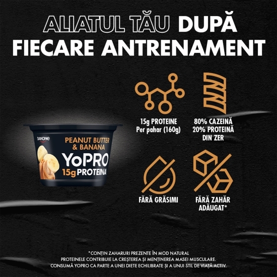 Produs lactat fermentat cu banane și gust de cremă de arahide, cu îndulcitori, bogat în proteine, 0.1% grăsime, 160g