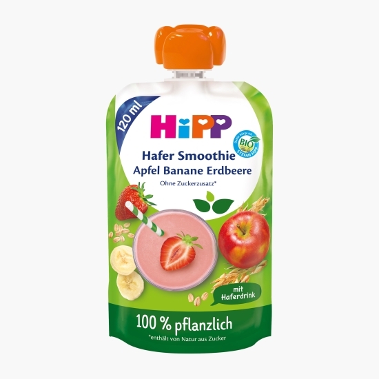 Smoothie eco din mere, banane și căpșuni, cu ovăz, fără zahăr adăugat, 120ml