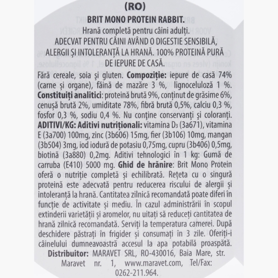 Hrană umedă pentru câini cu digestie sensibilă, cu carne de iepure Mono Protein, 400g
