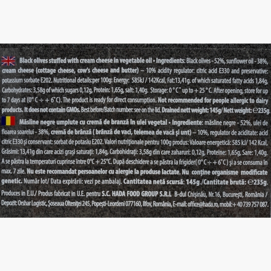 Măsline negre umplute cu cremă de brânză, în ulei vegetal 235g