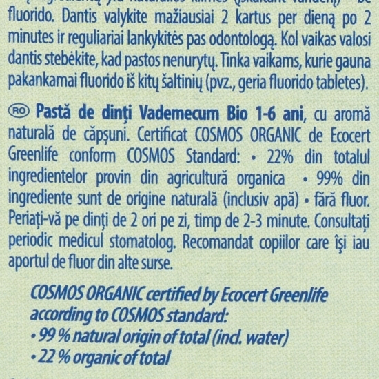 Pastă de dinți bio pentru copii, fără fluor, aromă de căpșuni, 1-6 ani, 50ml