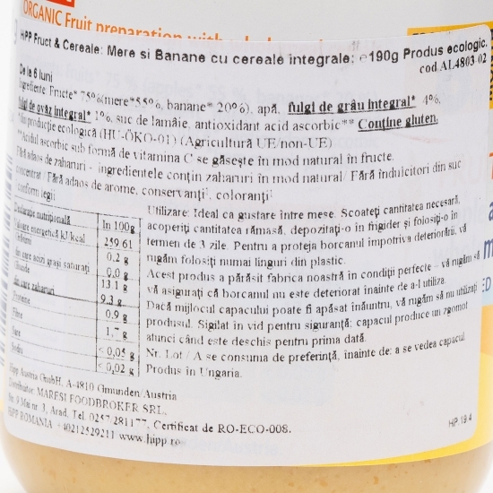 Piure eco cereale, mere și banane, +6 luni, 190g