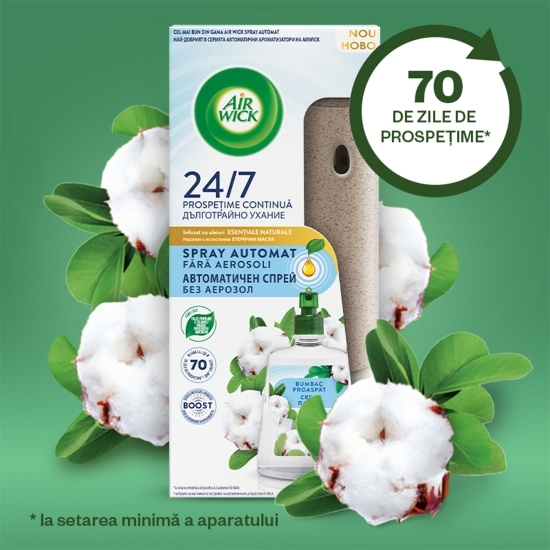 Odorizant de cameră kit spray automat fără aerosoli Bumbac Proaspăt 228ml