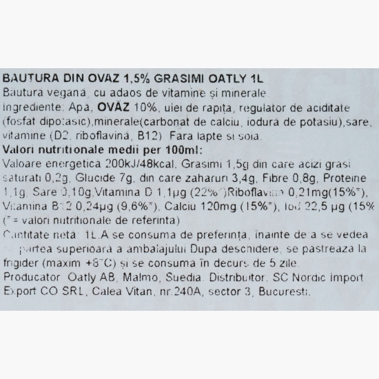 Băutură din ovăz, 1.5% grăsime, 1l
