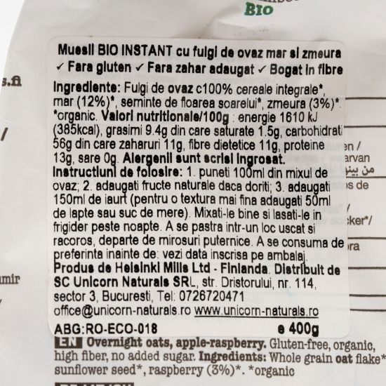 Muesli eco instant cu fulgi de ovăz, măr și zmeură 400g
