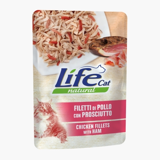 Hrană umedă pentru pisici adulte, cu pui și șuncă 70g
