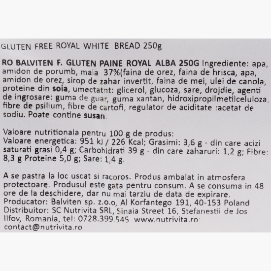 Pâine albă feliată Royal, fără gluten, 250g