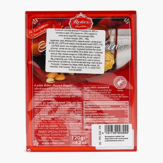 Praline Mozart portret cu ciocolată neagră și fistic 120g