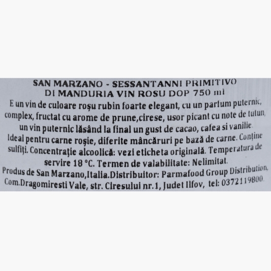Vin roșu sec Sessantanni Primitivo di Manduria DOP, 14.5%, 0.75l